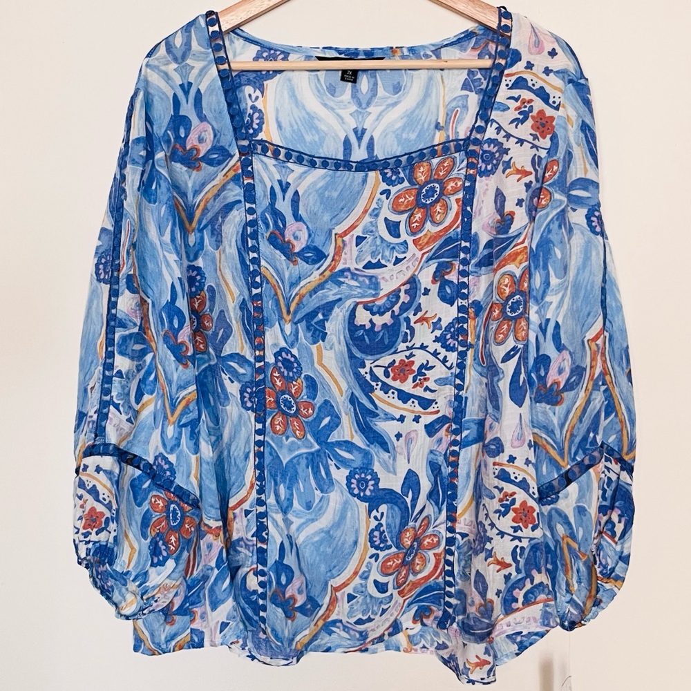 Zac & Rachel • 2X • Blue Mediterranean Floral Square Neck 3/4 Sleeve Blouse